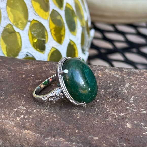NIB Green Aventurine Stone Ring In Silver Size 7 Boho Hippie Earthy - Picture 2 of 6